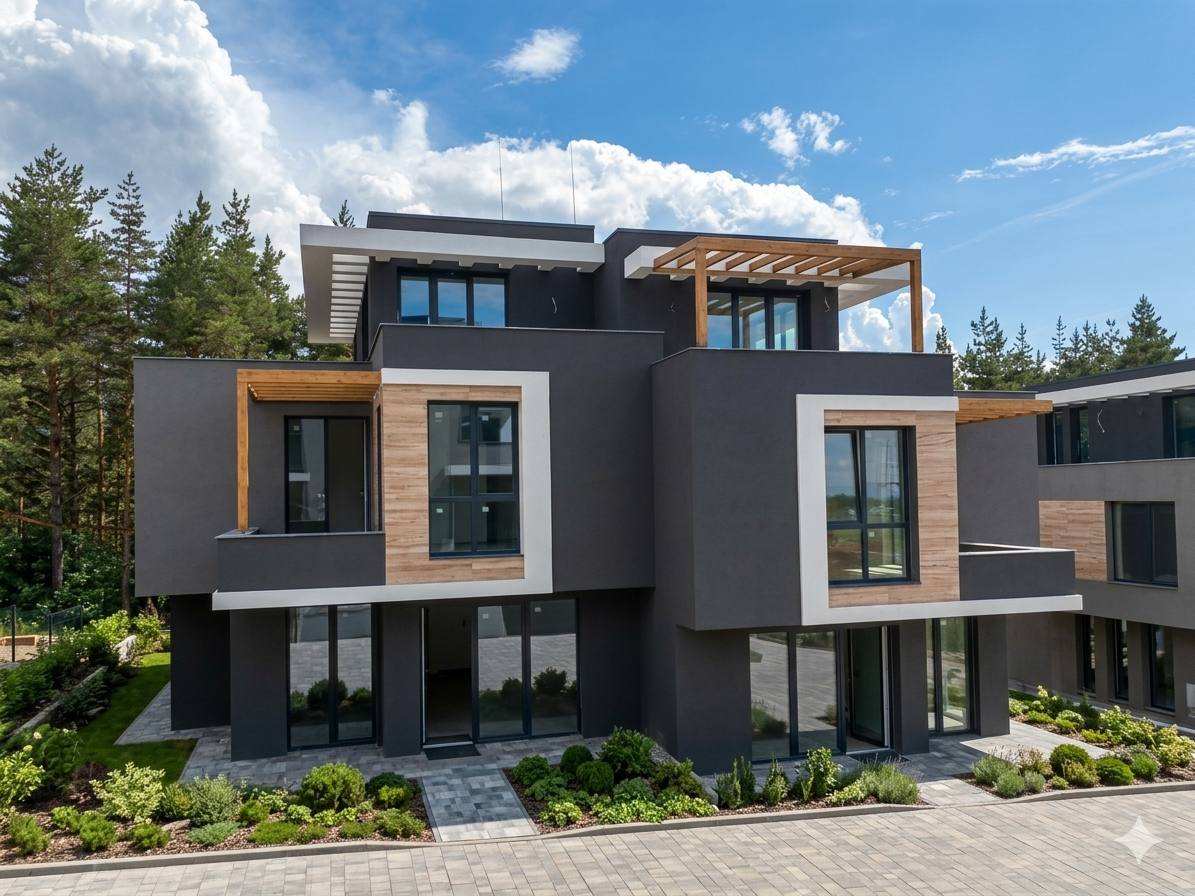 Фасада на къща в Alexandria Homes сред зелена среда